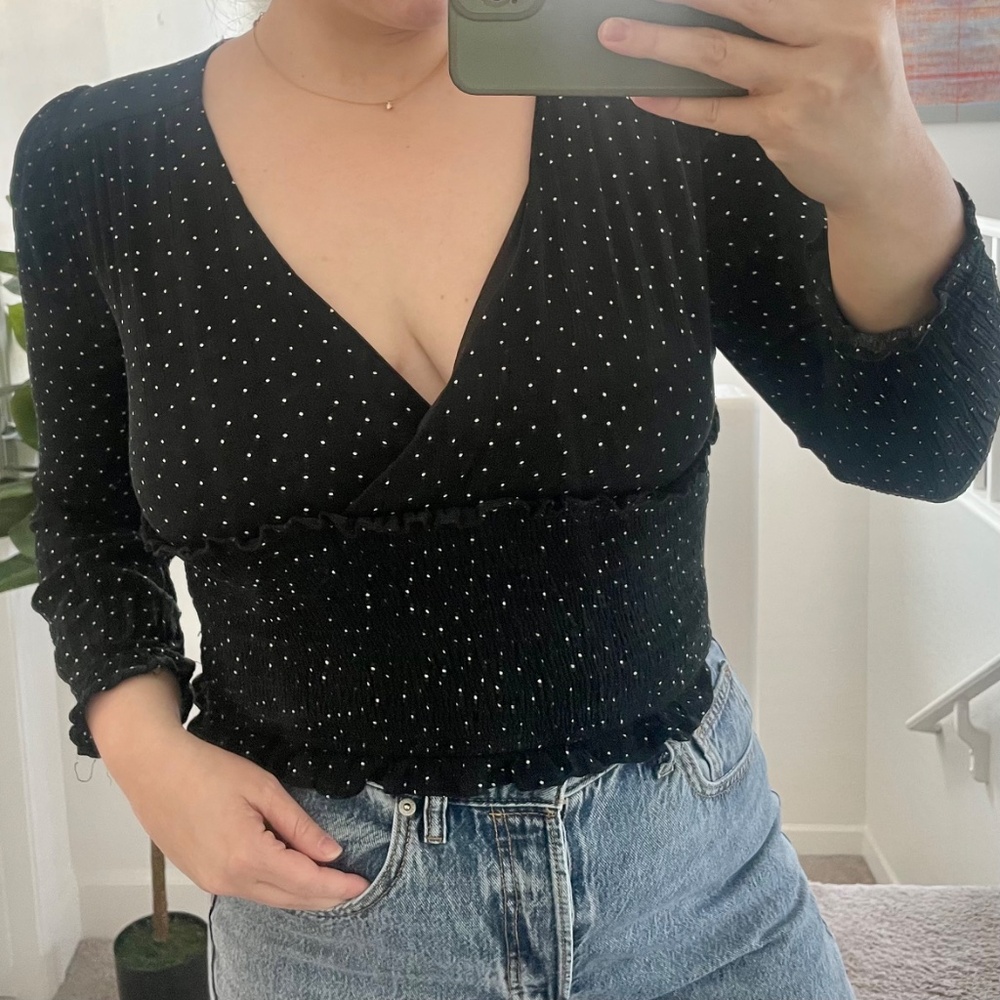 Wrap Polka Dot Polkadot Classy Girly V Drop Ruching Night Boho Trendy Blouse
